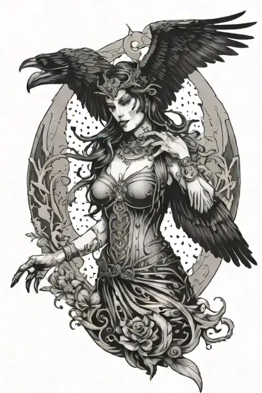 morrigan goddess with raven flying tattoo design idea