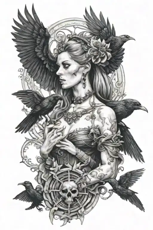 morrigan god of death with raven surrounded tattoo design idea