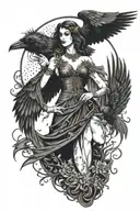 morrigan goddess with raven flying tattoo design idea