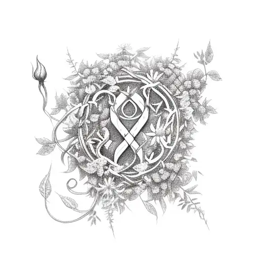 A medical caduceus intertwined with vines of roses and daisies tattoo design idea