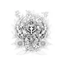 A medical caduceus intertwined with vines of roses and daisies tattoo design idea