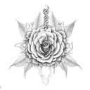A medical caduceus intertwined with vines of roses and daisies tattoo design idea
