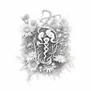 A medical caduceus intertwined with vines of roses and daisies tattoo design idea