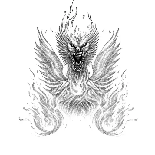 a man bursting with flames like a phoenix representing control and mastery over vices. tattoo design idea