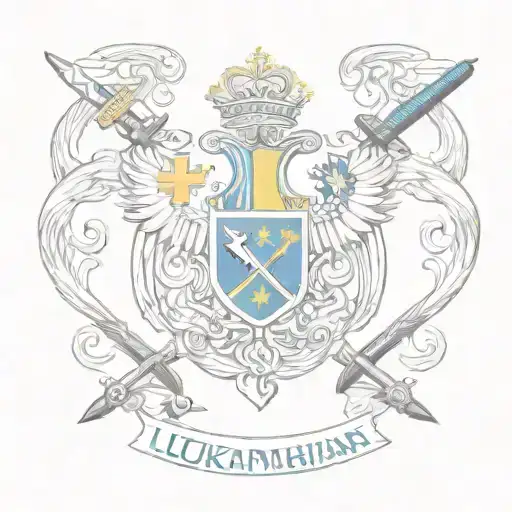 The Ukrainian coat of arms with swords, the country's flag, the coat of arms of the Galician division, and the slogan on tattoo design idea
