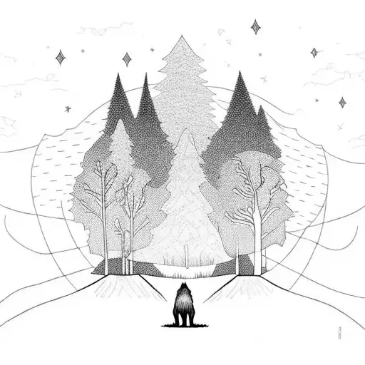 A mystical forest scene with bigfoot peeking out from behind a tree tattoo design idea