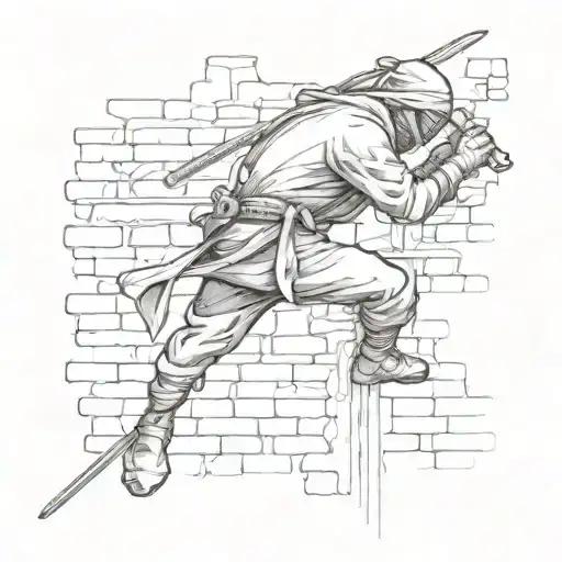 A ninja stealthily climbing a wall with a katana in hand tattoo design idea