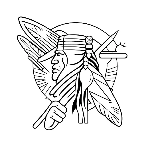 A minimalist tattoo of a Native American warrior and a cowboy shaking hands, symbolizing unity and respect, with mountains as the backdrop. tattoo design idea