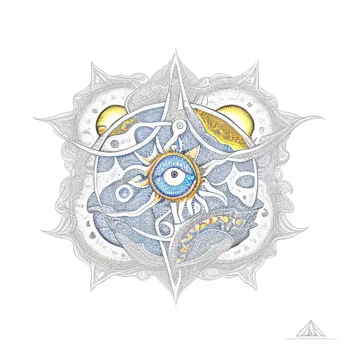 A new-school design featuring a sun and moon entwined together with intricate patterns inspired by tarot cards tattoo design idea