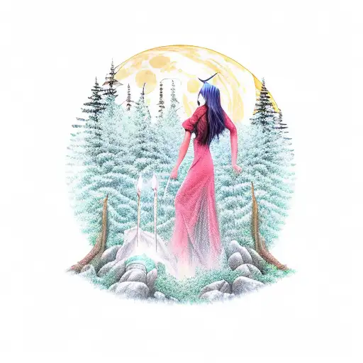 A realistic portrayal of a majestic forest with a mystical moonlit clearing, where a witch is casting a spell surrounded by nature elements tattoo design idea