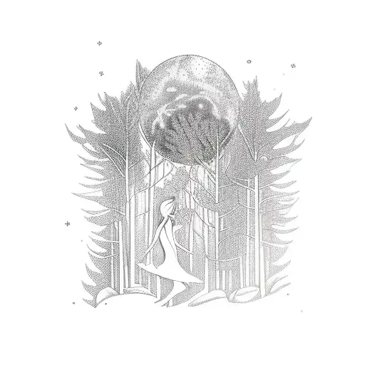 A realistic portrayal of a majestic forest with a mystical moonlit clearing, where a witch is casting a spell surrounded by nature elements tattoo design idea