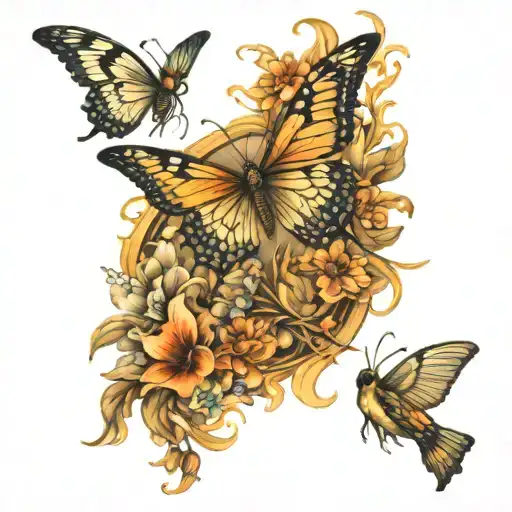 butterflies, doves, bees, full sleeve tattoo design idea
