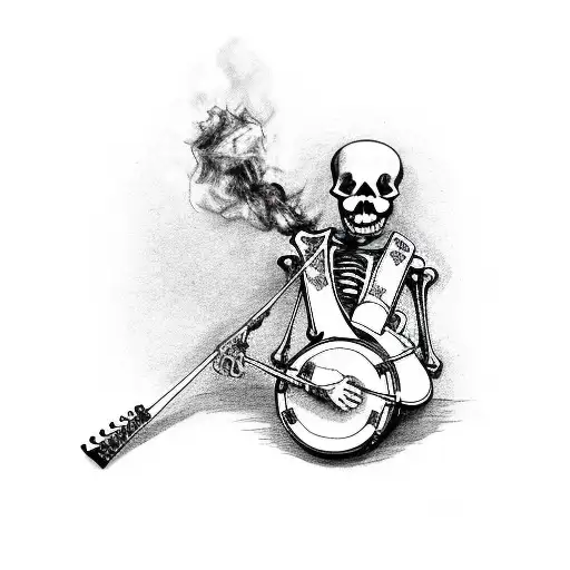 skeleton sitting down playing banjo with a cigarette in mouth tattoo design idea