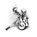 skeleton sitting down playing banjo with a cigarette in mouth tattoo design idea