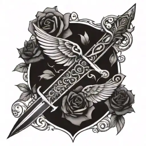sword with wings stabbing rose with scrolls saying mercy prevails over wrath  tattoo design idea