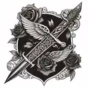 sword with wings stabbing rose with scrolls saying mercy prevails over wrath  tattoo design idea