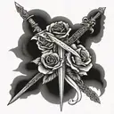 sword with wings stabbing rose with scrolls saying mercy prevails over wrath  tattoo design idea