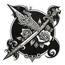 sword with wings stabbing rose with scrolls saying mercy prevails over wrath  tattoo design idea