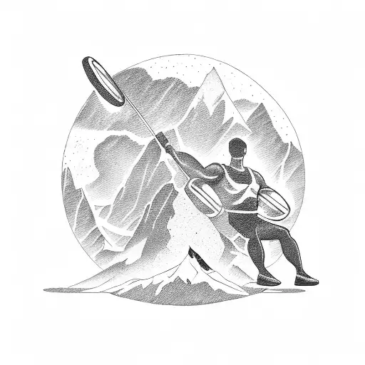 A dotwork tattoo featuring a powerful silhouette of an athlete lifting weights in front of a mountain range. tattoo design idea