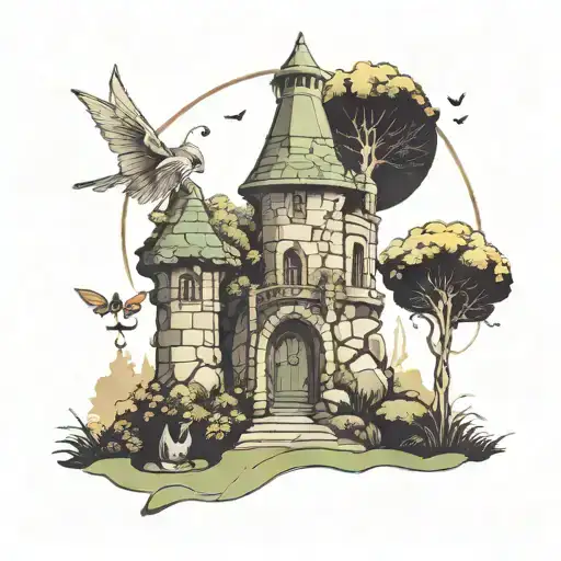 A tall stone tower surrounded by a garden  and fairy gate. Non Caucasian fairies are flying around garden and gate.  tattoo design idea