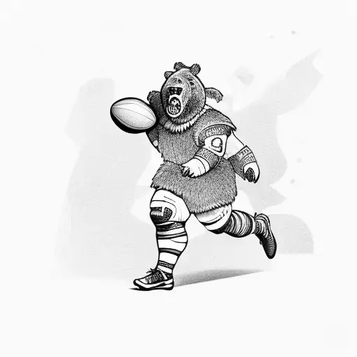 A rugby player charging forward with a bear's head as a helmet tattoo design idea