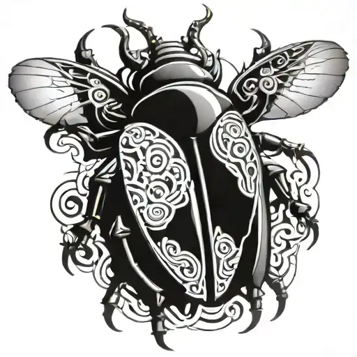 Stag beetle tattoo with mechanical wings and body. The wings are open with each segment of the wing being pointy and mad tattoo design idea
