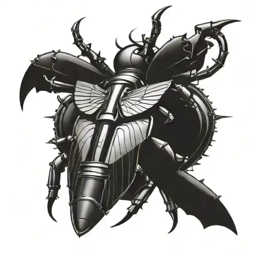 Stag beetle tattoo with mechanical wings and body. The wings are open with each segment of the wing being pointy and mad tattoo design idea