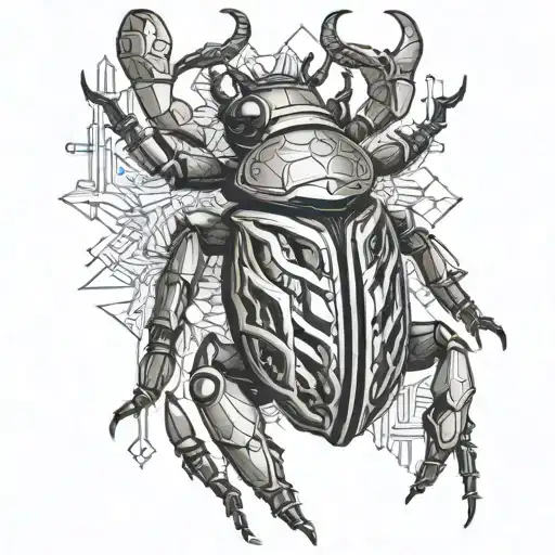 “A tattoo of a stag beetle with large, powerful mandibles and an armored, metallic body. The wings are fully extended, a tattoo design idea