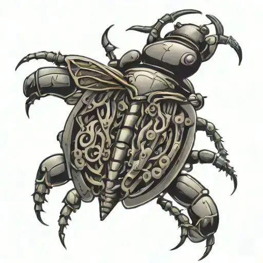 Stag beetle tattoo with mechanical wings and body. The wings are open with each segment of the wing being pointy and mad tattoo design idea