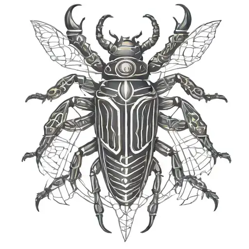 Stag beetle tattoo with mechanical wings and body. The wings are open with each segment of the wing being pointy and mad tattoo design idea