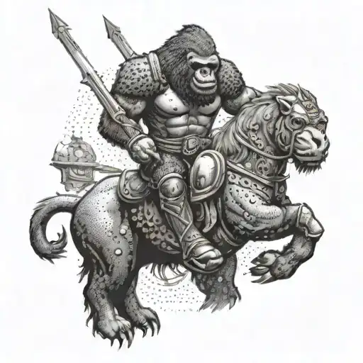 A warrior riding a gorilla into battle, showcasing strength and courage tattoo design idea