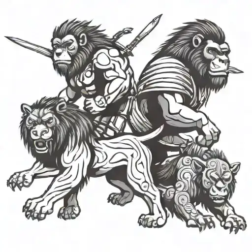 warrior and lion and gorilla  tattoo design idea