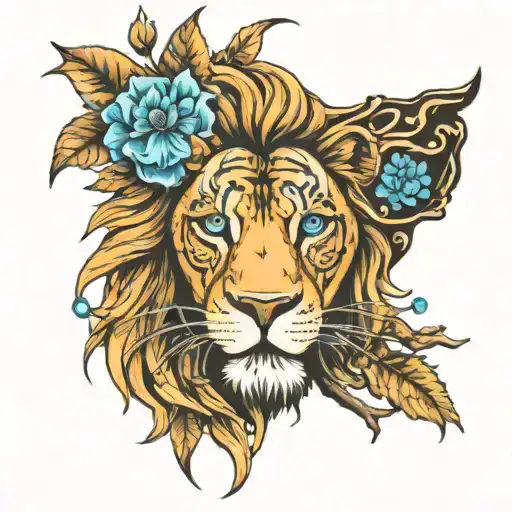 Lion blue eyes cross below it with a tree half burned tattoo design idea