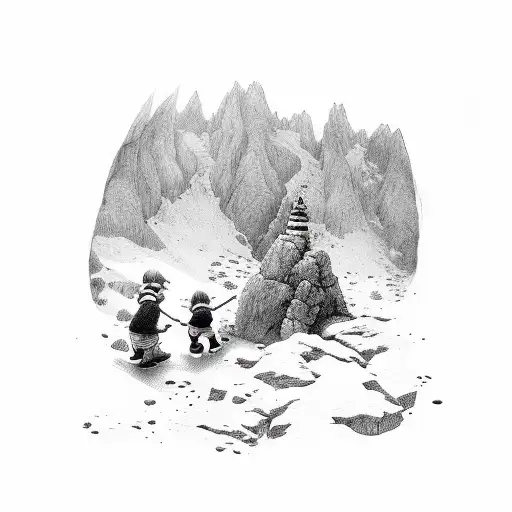 mom and two sons hiding in mountain  tattoo design idea