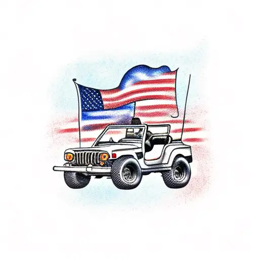 Traditional style tattoo of a Jeep driving on a winding American flag road tattoo design idea