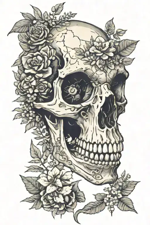 A dinosaur skull with some plants/flowers  tattoo design idea