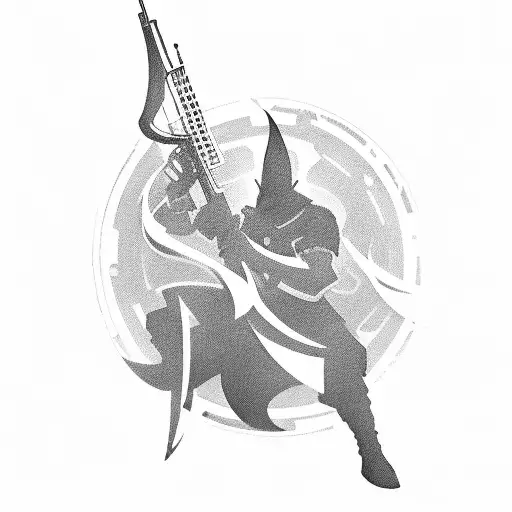 A mysterious silhouette of a vigilante with a musical instrument weapon tattoo design idea