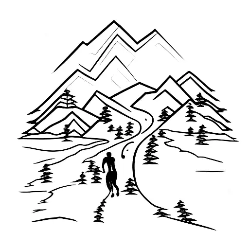 runner with dog, mountains, trees tattoo design idea