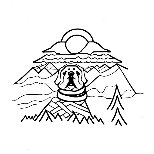 trail runner with dog, mountains, trees tattoo design idea