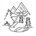 trail runner with dog, mountains, trees tattoo design idea