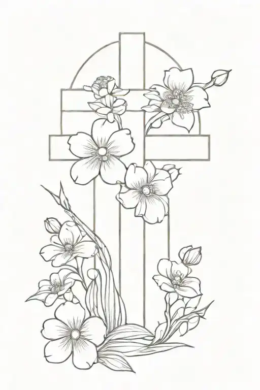 cross with Primrose, daisy and lily-of-the-valley flowers tattoo design idea