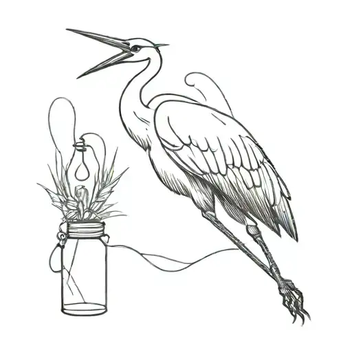 crane flying with bottles tied to legs tattoo design idea