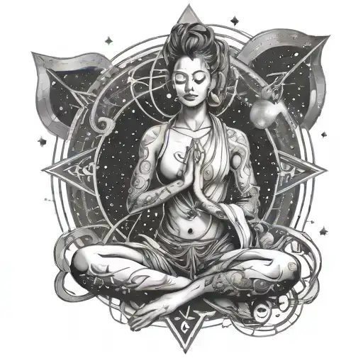 A yoga pose intertwined with cosmic elements like stars and galaxies in black-grey style tattoo design idea