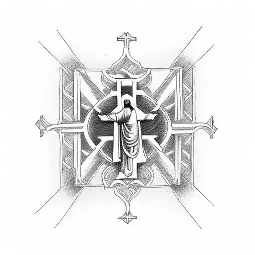 Cross wit stairs to heaven behind with Jesus on the cross with Mary praying tattoo design idea