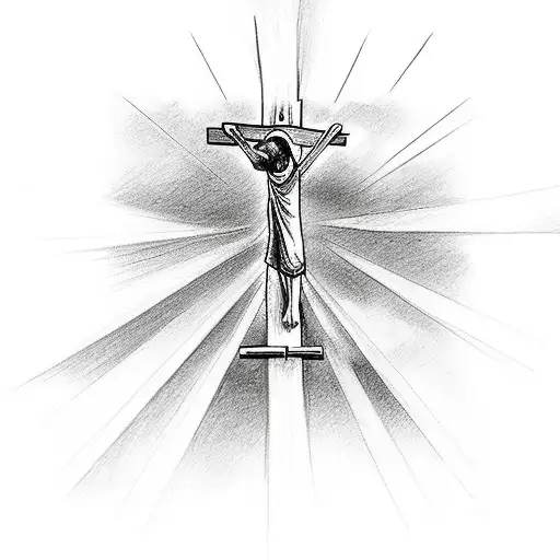 Cross wit stairs to heaven behind with Jesus on the cross with Mary praying tattoo design idea
