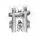 Cross wit stairs to heaven behind with Jesus on the cross with Mary praying tattoo design idea