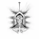 Cross wit stairs to heaven behind with Jesus on the cross with Mary praying tattoo design idea
