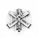 Cross wit stairs to heaven behind with Jesus on the cross with Mary praying tattoo design idea