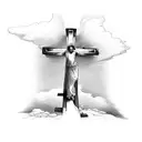 Cross wit stairs to heaven behind with Jesus on the cross with Mary praying tattoo design idea