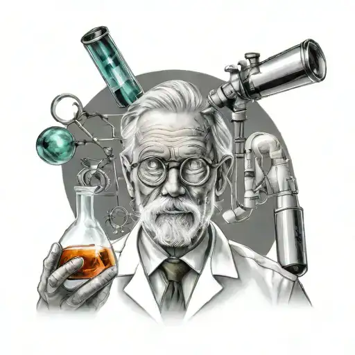 A realistic portrait of a scientist working in a lab with environmental elements incorporated tattoo design idea